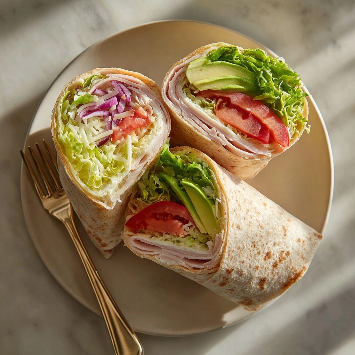 Close-up of Turkey & Avocado Wrap with whole grain tortilla, vibrant greens, and tangy spread visible