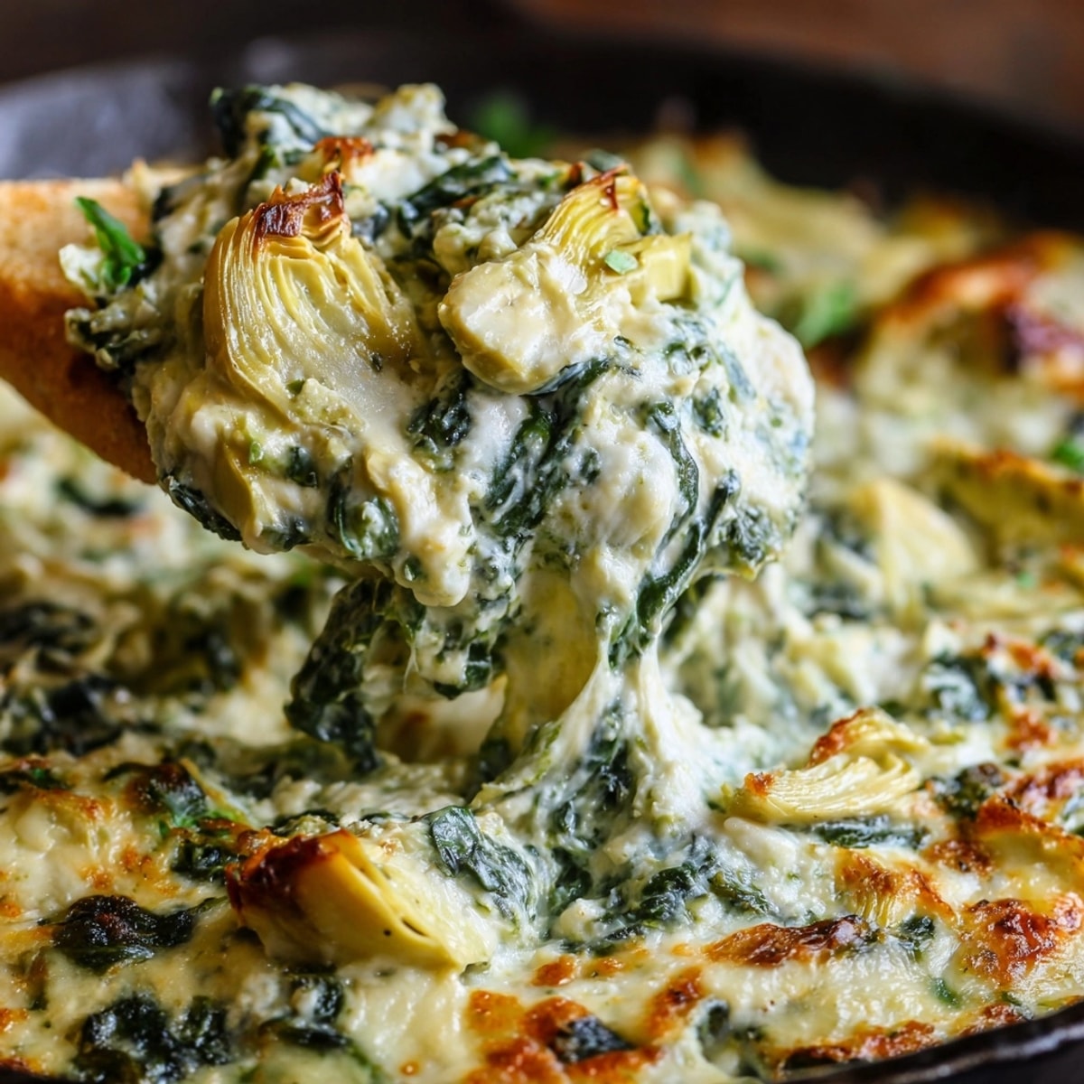 Spinach and artichoke dip served bubbling hot in a rustic baking dish with chips.