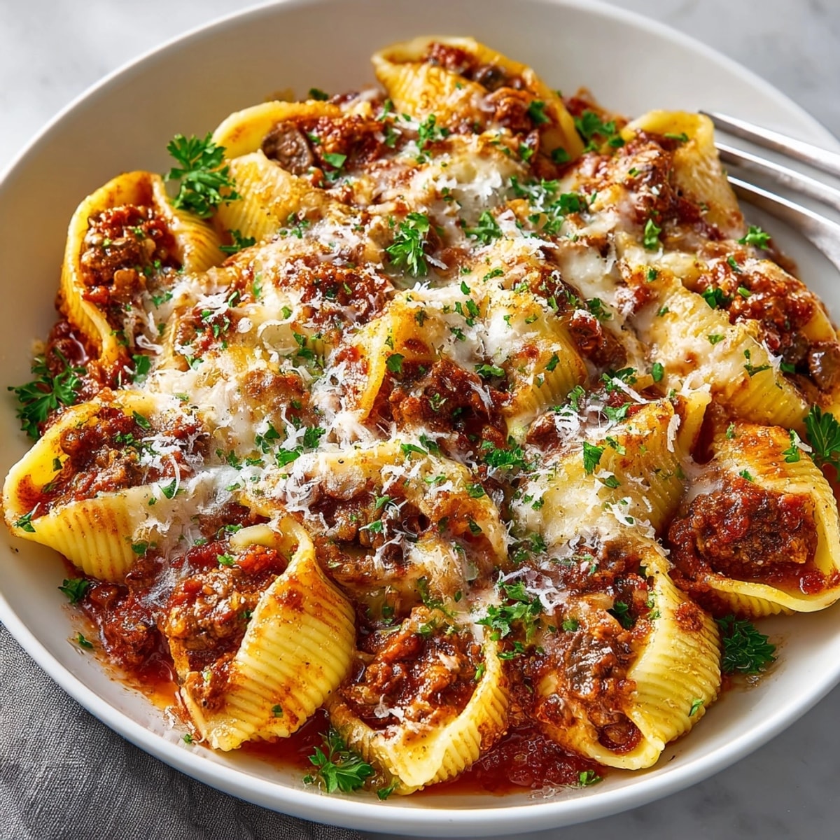 Freshly baked Melty Mushroom Stuffed Giant Shells served hot, oozing creamy cheese and savory filling.