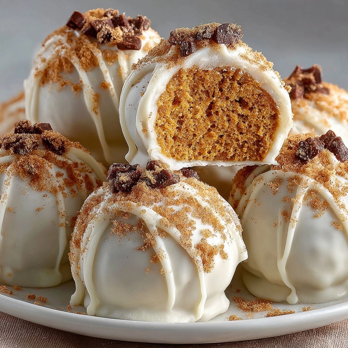 Pumpkin Spice Latte Truffle Bites coated in smooth white chocolate and sprinkled with cinnamon sugar.