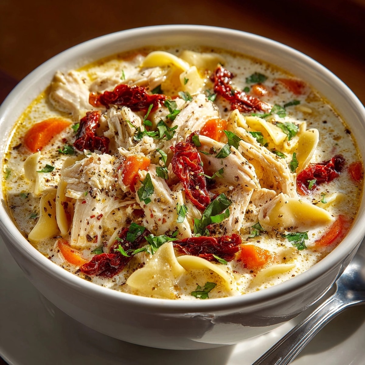 Cozy Date Night Marry Me Chicken Soup in a creamy bowl, garnished with fresh basil and Parmesan.