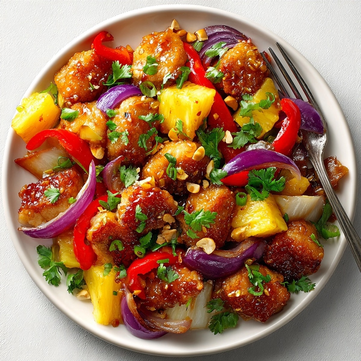 Tropical Winter Escape Pineapple Chicken Skillet served sizzling hot with caramelized pineapple chunks and vibrant peppers.