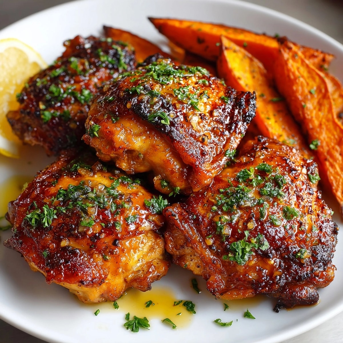 Sheet Pan Honey Garlic Chicken with Sweet Potato Wedges served golden and caramelized, garnished with fresh parsley.