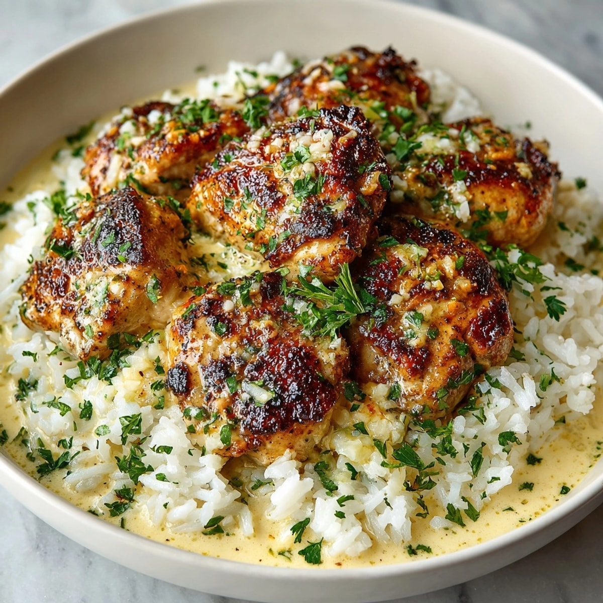 Juicy chicken breasts nestled in creamy Parmesan rice, one-pan garlic parmesan chicken & rice garnished with parsley.