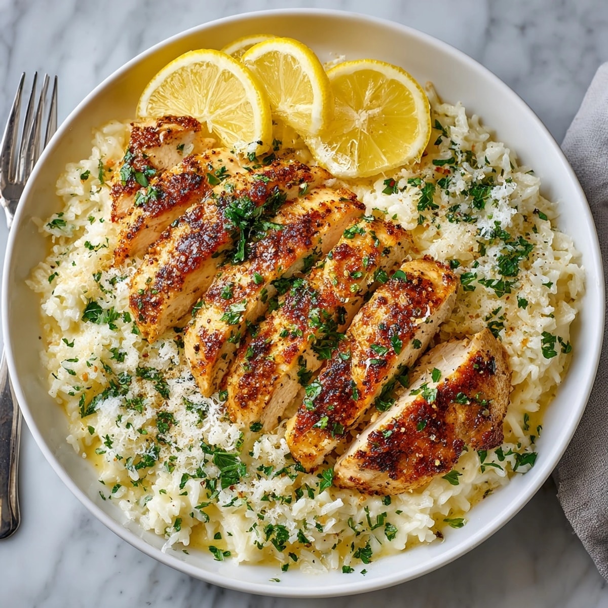 Closeup of one-pan garlic parmesan chicken & rice steaming hot with buttery sauce and fresh lemon wedges.