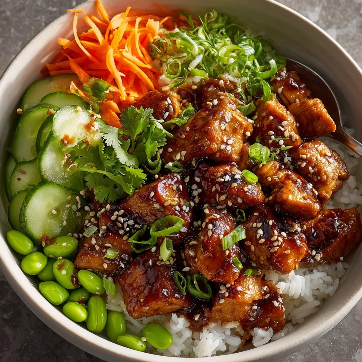 Asian Fusion Quick Lunch: Teriyaki Chicken Rice Bowls with glistening teriyaki-glazed chicken, vibrant veggies, and fluffy white rice.