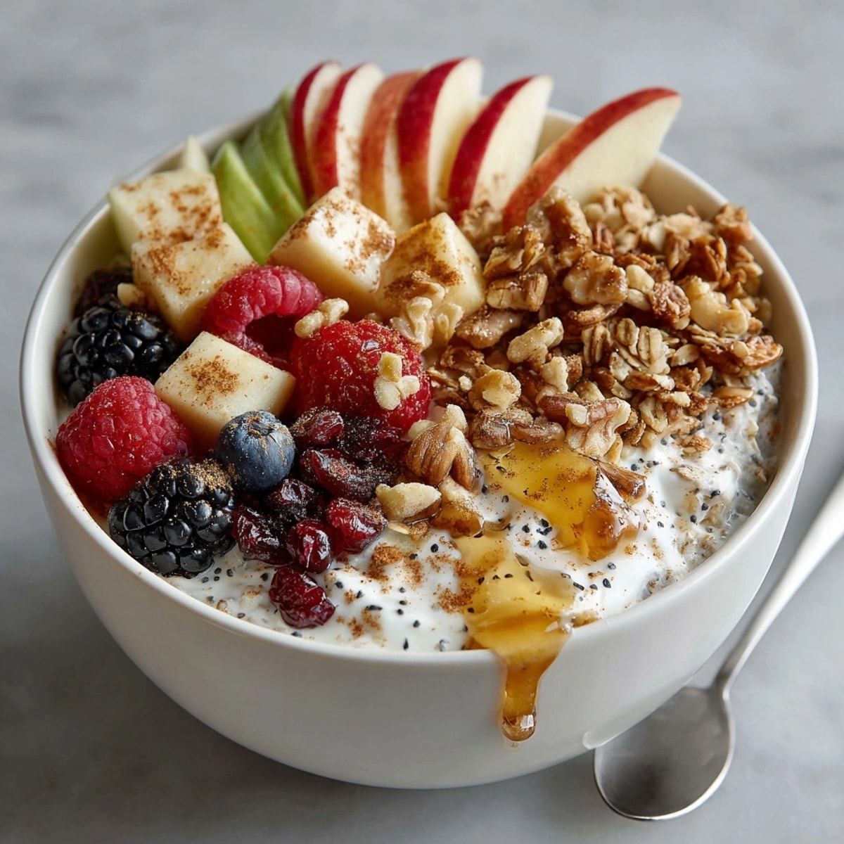 Greek yogurt-based Fresh & Healthy Apple Cinnamon Breakfast Bowls served with walnuts and a sprinkle of cinnamon.
