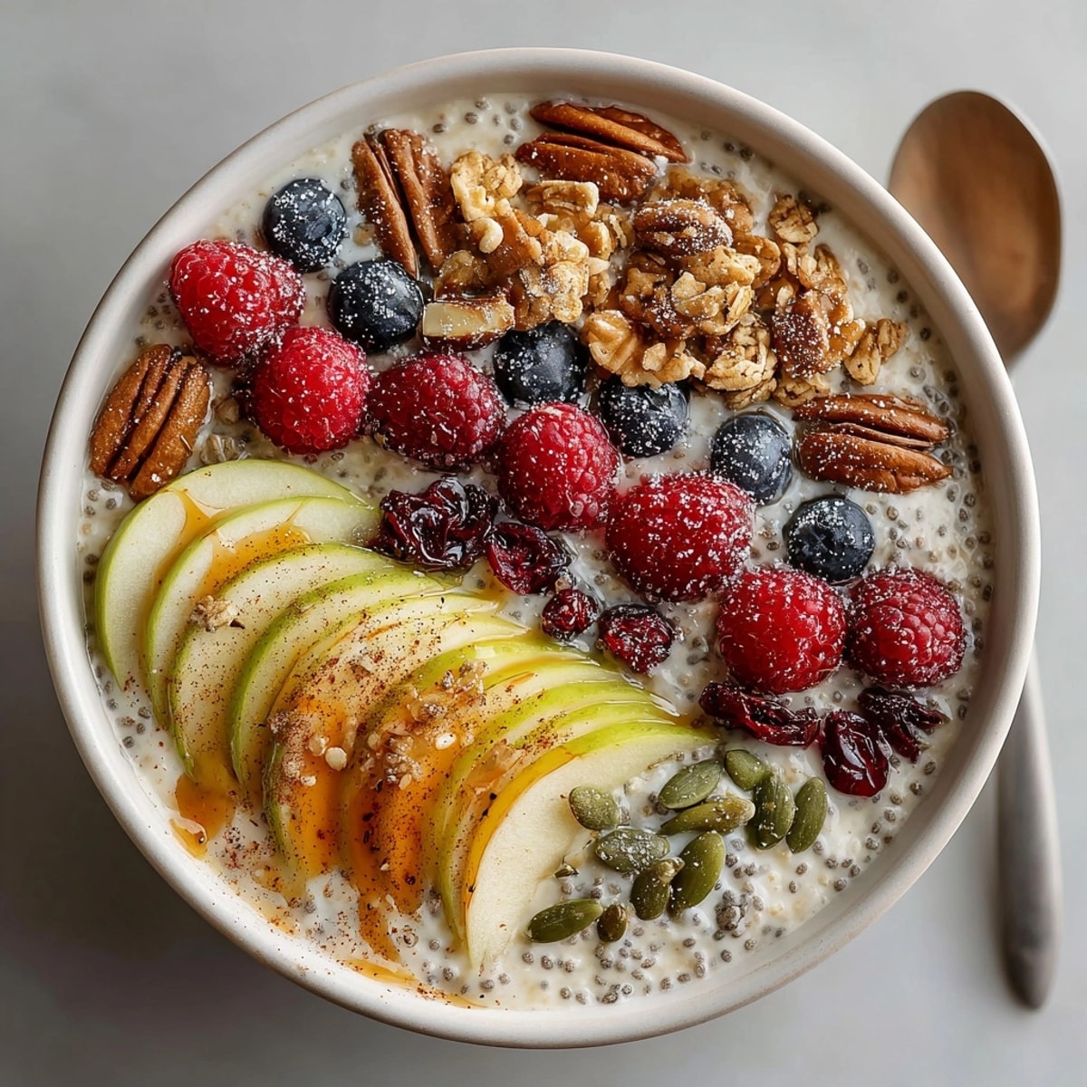 Close-up of Fresh & Healthy Apple Cinnamon Breakfast Bowls featuring vibrant fruit and hearty oats for breakfast.