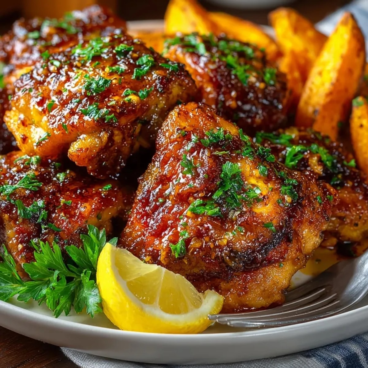 Golden-brown sheet pan honey garlic chicken, glistening from a flavorful sauce, served with roasted sweet potatoes.