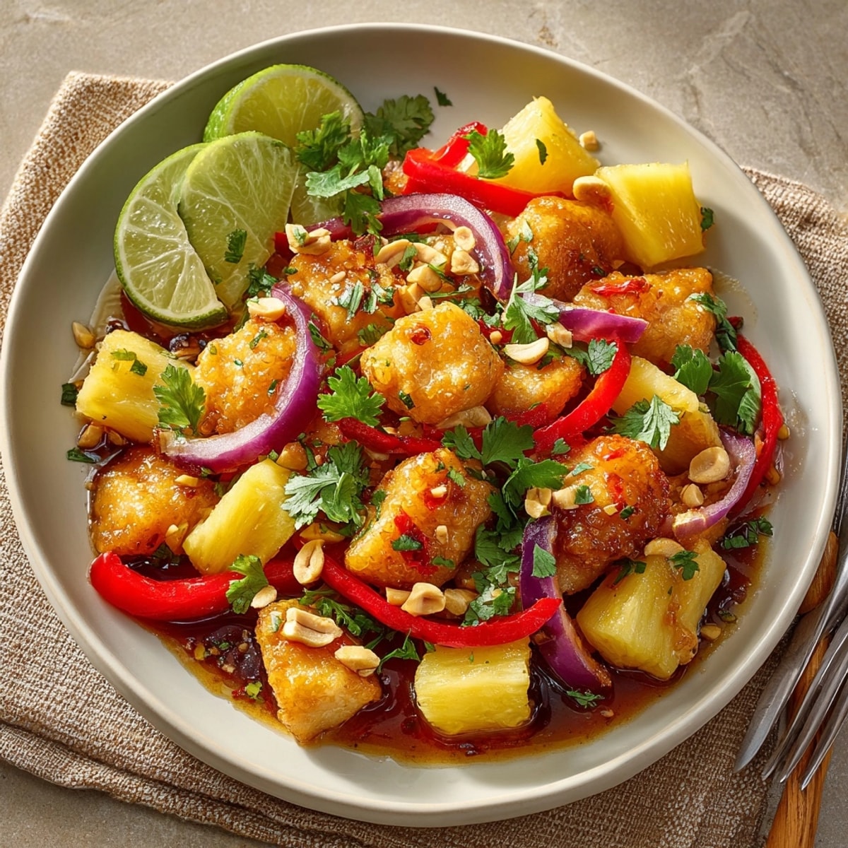 A close-up of the flavorful Tropical Winter Escape Pineapple Chicken, showcasing tender chicken chunks and vibrant veggies.