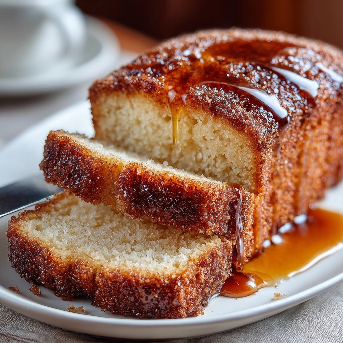 A moist Apple Cider Donut Loaf Cake, fresh from the oven, ready to slice and enjoy with coffee.