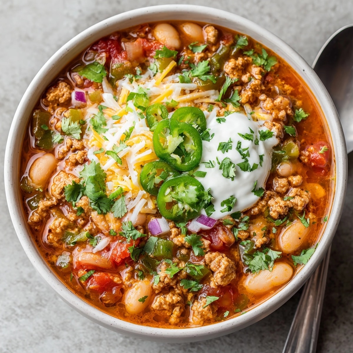 Close-up shot of flavorful Turkey Chili with White Beans, ready to serve and enjoy family-style tonight.