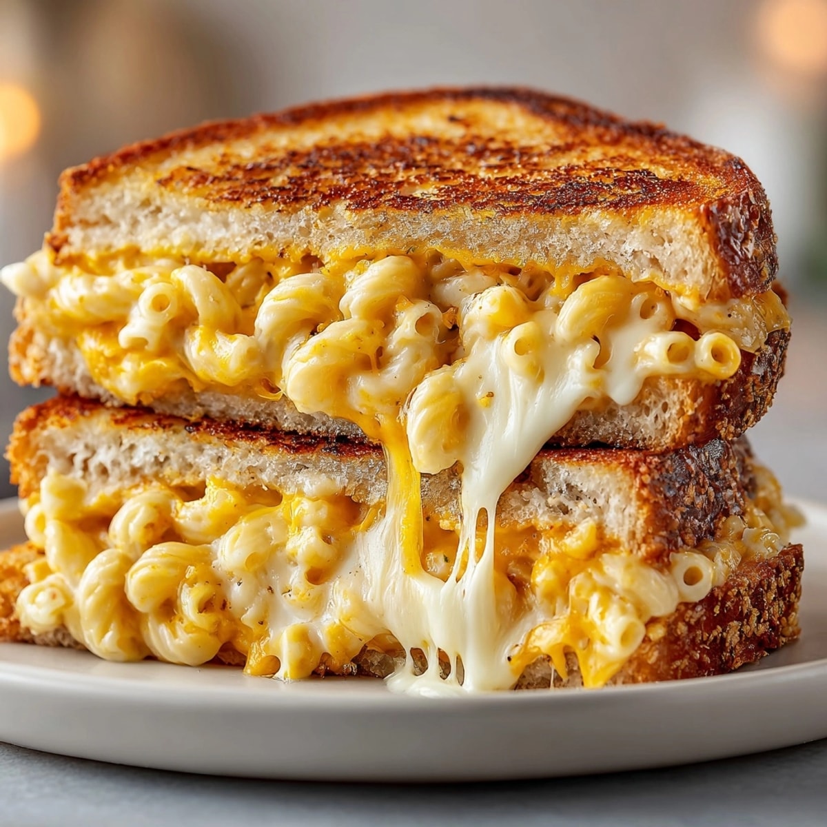 Mac and Cheese Stuffed Grilled Cheese Sandwich with golden crispy bread and gooey melted cheese.