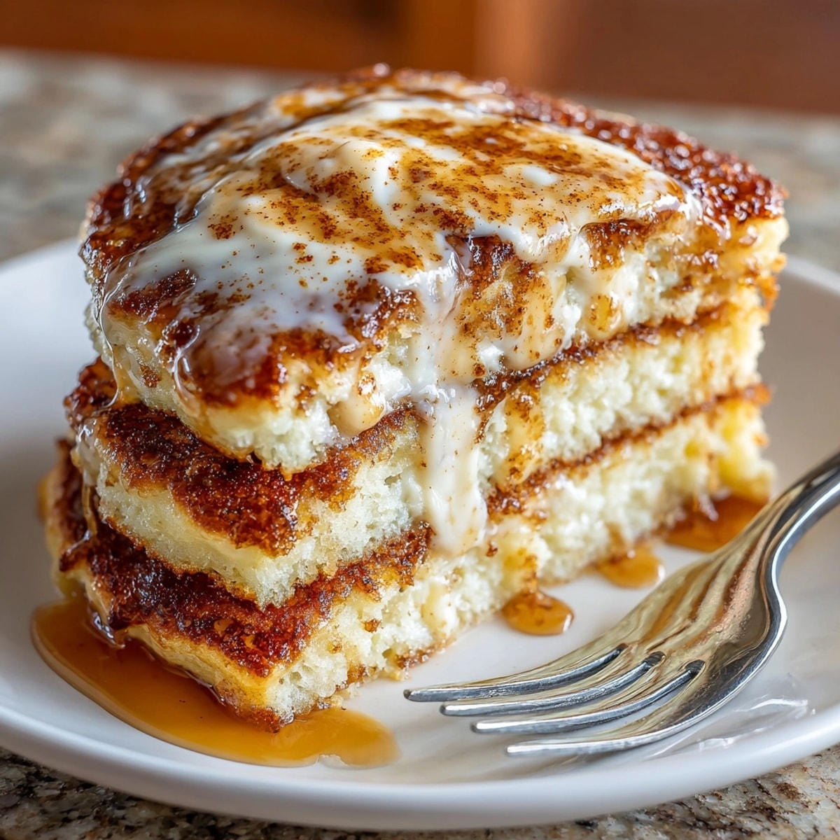 Stack of golden ricotta pancakes topped with cinnamon maple butter, perfect for breakfast.