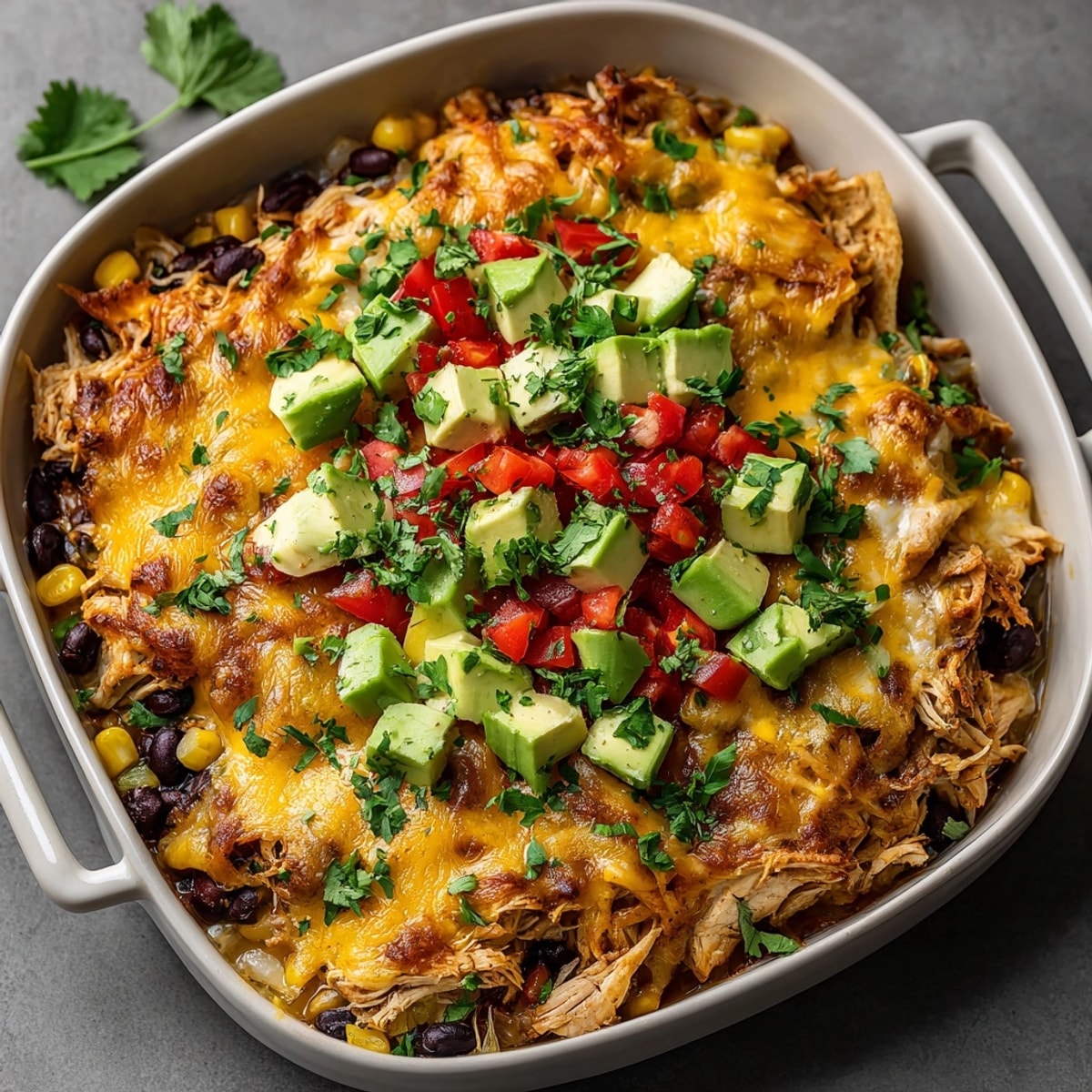 Close-up of Cheesy Taco Chicken Casserole showing melty cheese, colorful peppers, and chicken.