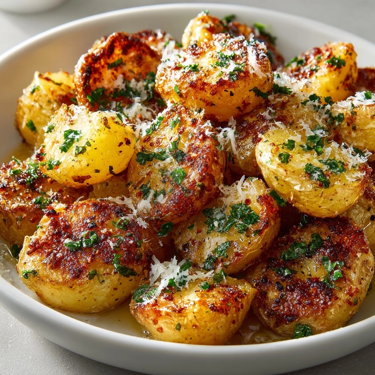 Crispy smashed potatoes stacked on a white plate, golden edges glistening with olive oil.