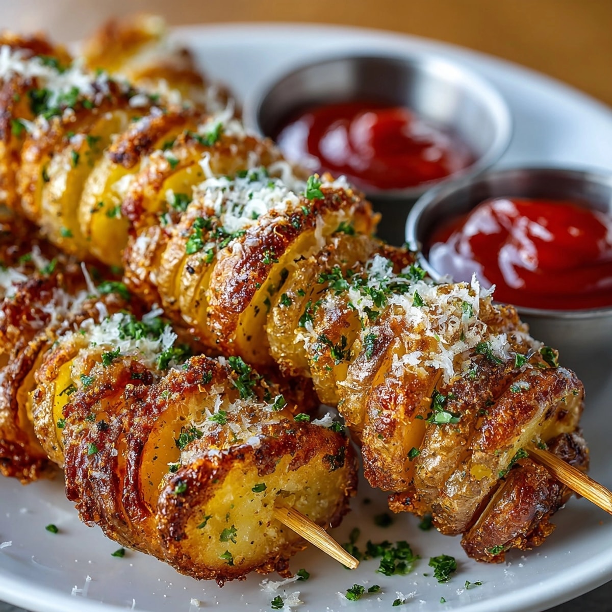 Golden tornado potatoes spiraled on skewers, served hot with dipping sauces for snacking.
