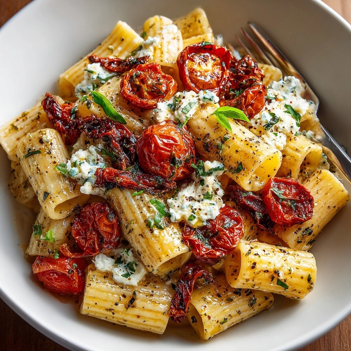 A steaming pan of Baked Feta Pasta 2.0 bursting with creamy feta and juicy tomatoes