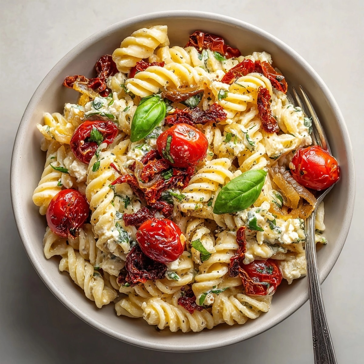 Rigatoni coated in rich Baked Feta Pasta 2.0 sauce, served hot for a cozy Mediterranean meal