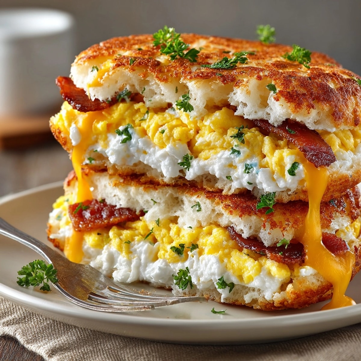 Cloud Bread Breakfast Sandwich filled with fluffy eggs and melty cheese on a bright morning plate.