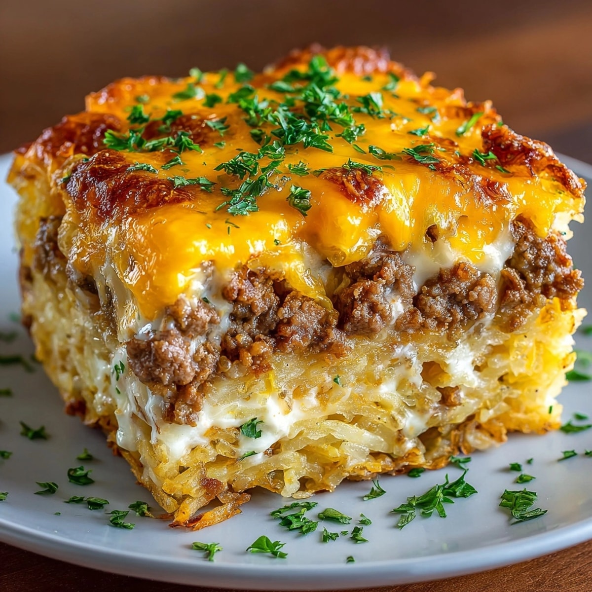 Cheesy Hamburger Hashbrown Casserole baked golden, garnished with parsley, served in a cozy dish.