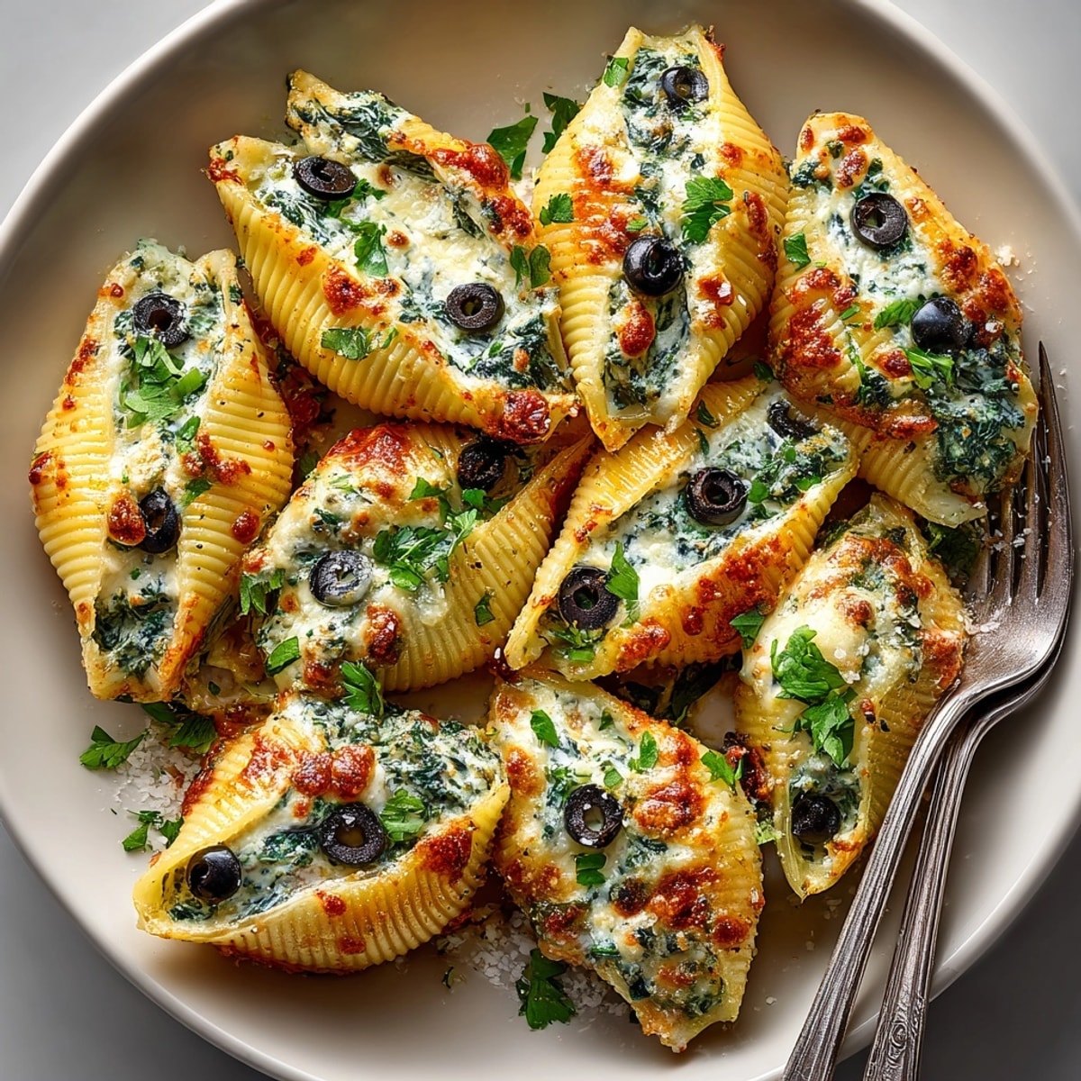 Festive Halloween Stuffed Shells filled with ricotta and spinach, decorated with olive "ghosts."