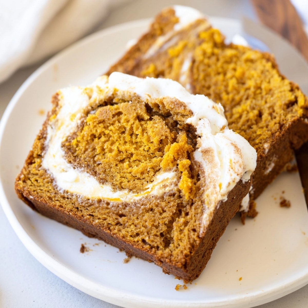 Golden Cream Cheese Swirled Pumpkin Bread loaf, ready to slice and serve.