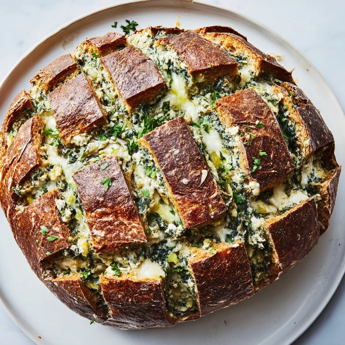 Golden, bubbling Alfredo Spinach Artichoke Bread—imagine savory, creamy filling oozing from each slice.