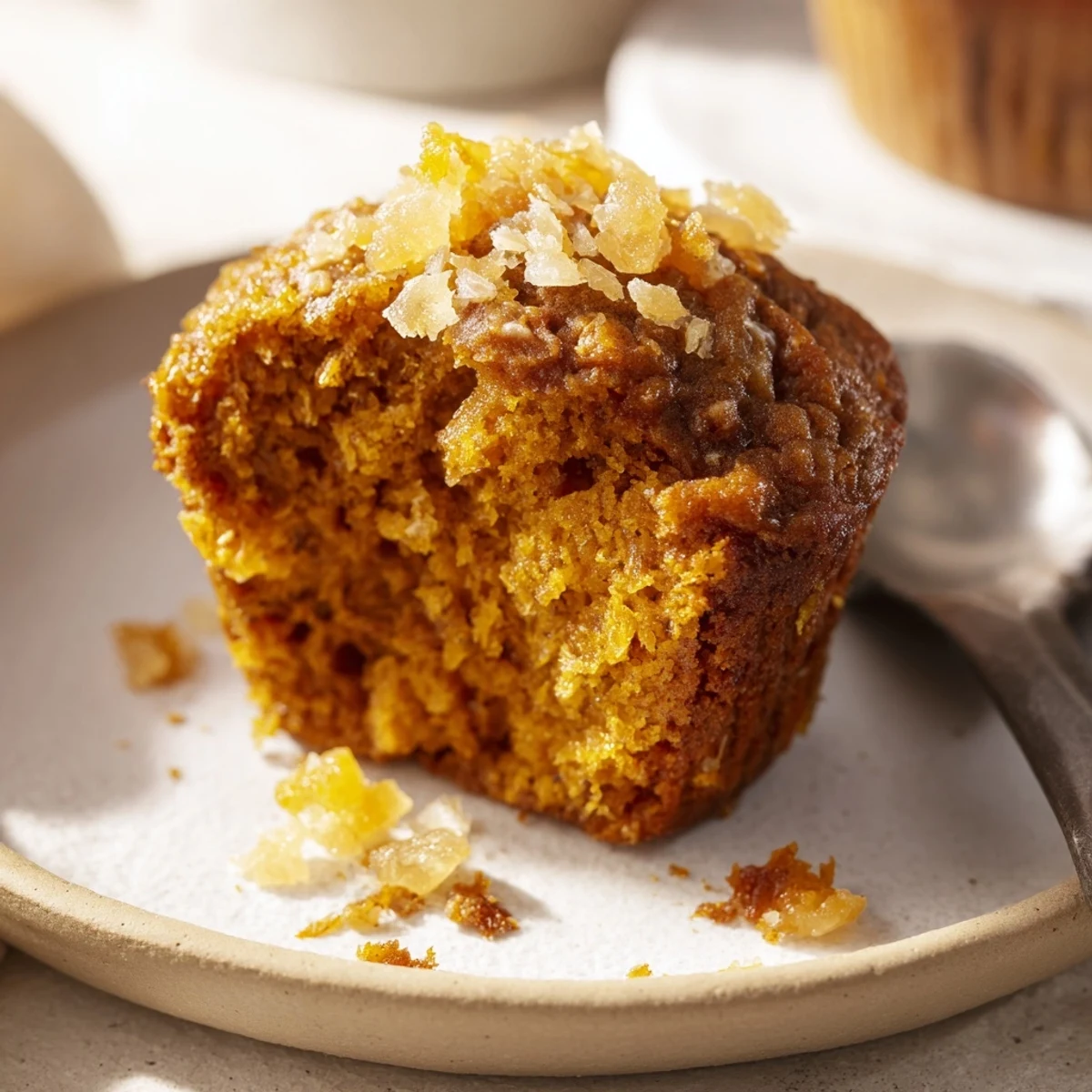 Moist, spiced pumpkin muffins with chewy candied ginger for a fall delight.  