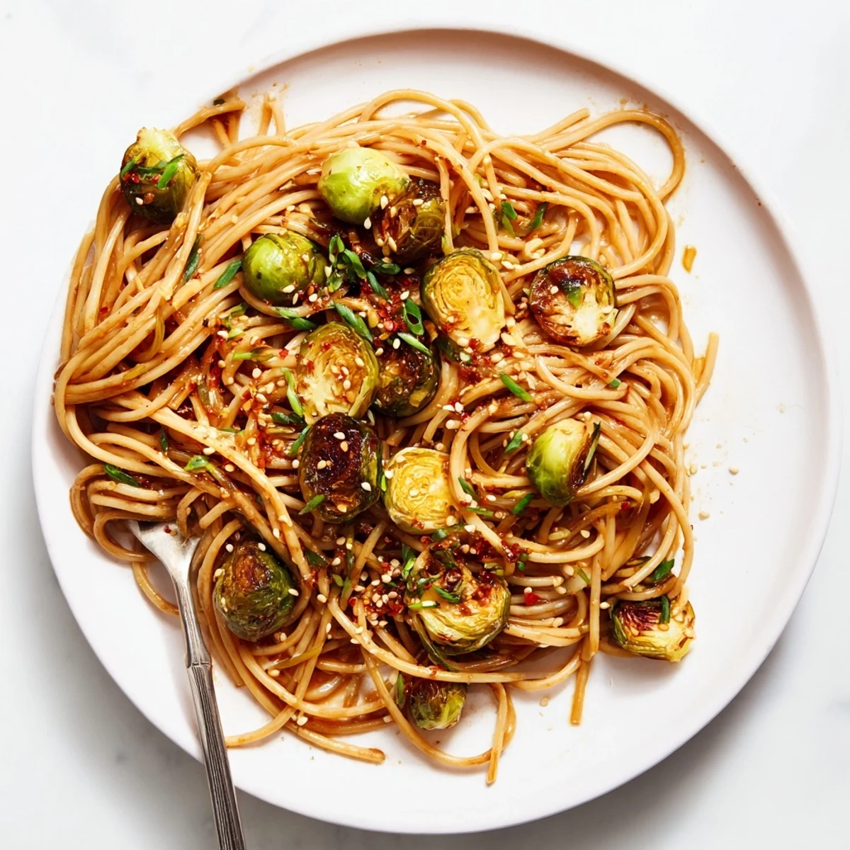 Vibrant Maple-Soy Roasted Brussels Sprouts Pasta topped with toasted sesame seeds and fresh herbs.  