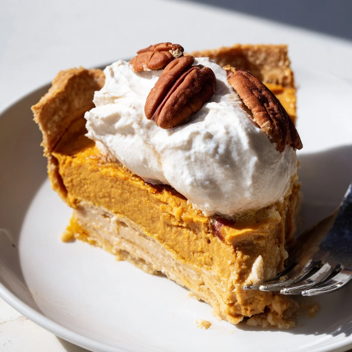 Creamy Thanksgiving Sweet Potato Miso Pie topped with whipped cream and pecans.  