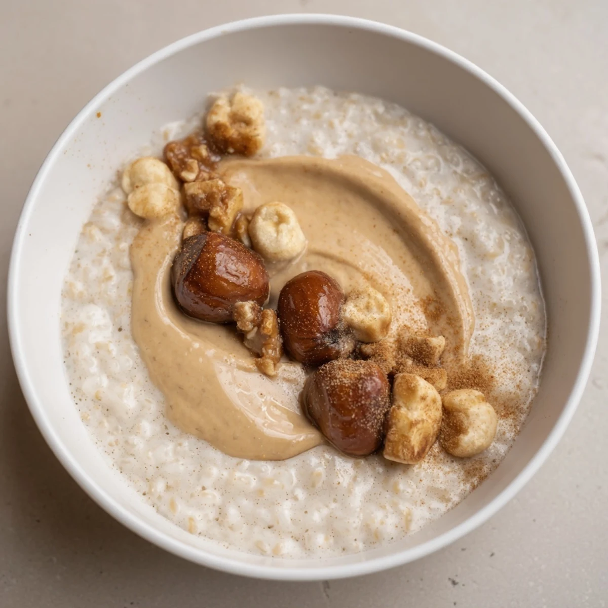 Elegant Japanese rice pudding served warm, garnished with candied chestnuts.