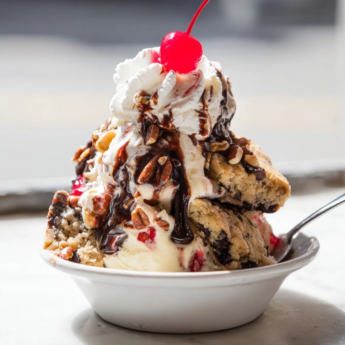 Layers of chewy cookie dough bars and creamy ice cream in a sundae delight.  