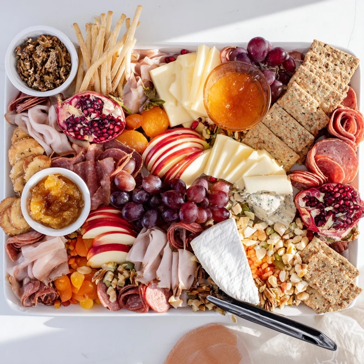 Autumn "Chaos" Charcuterie Board showcasing colorful fruits and meats for festive gatherings.  