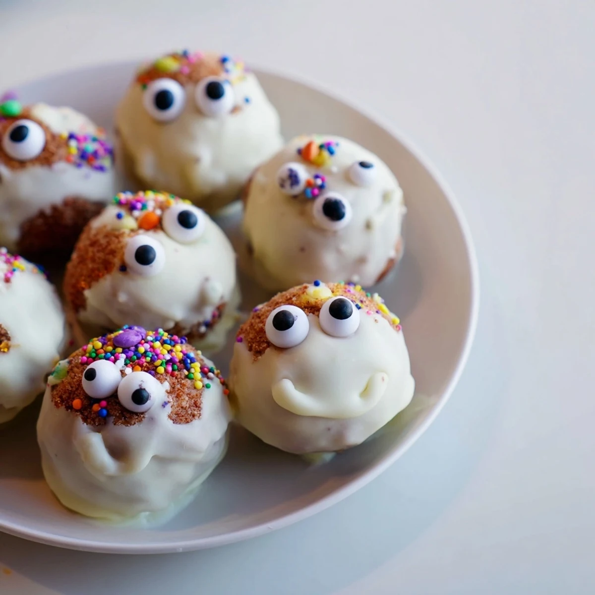 Moist Sweet Potato Cinnamon Sugar Monster Cake Balls, drizzled in white chocolate and topped with candy eyes.  
