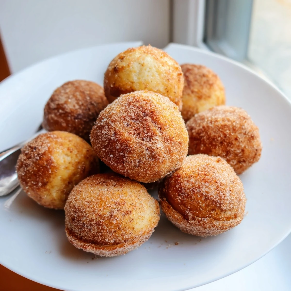 Fluffy Cinnamon Sugar Maple Bourbon Pancake Muffin Balls topped with warm melting butter.  