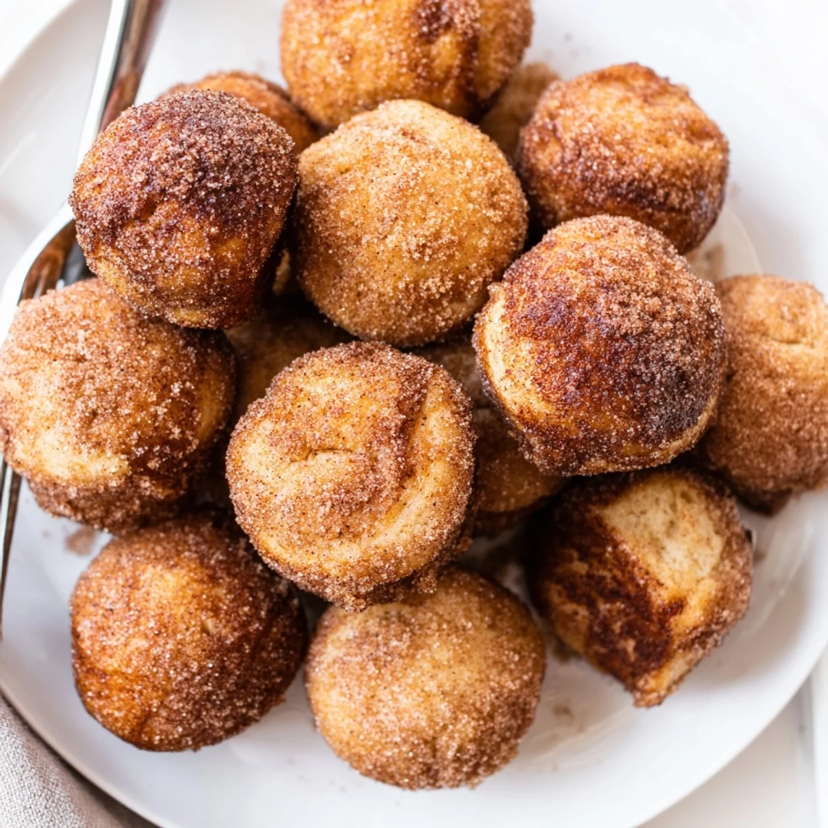 Golden-brown muffin balls rolled in cinnamon sugar, perfect for brunch treats.  
