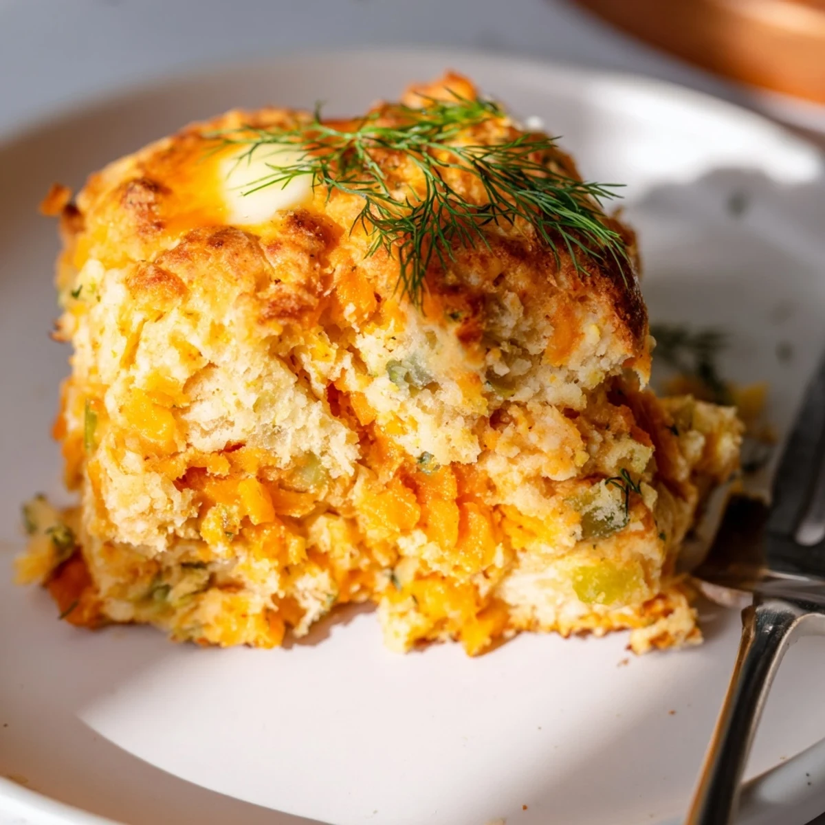 Fluffy Dill Pickle Buffalo Ranch Sweet Potato Biscuits served warm with butter drizzle.  