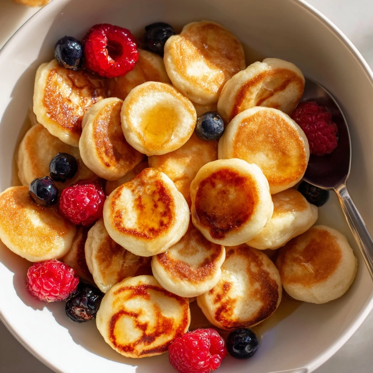Mini Pancake Cereal served in a bowl, drizzled with syrup and fresh berries.  