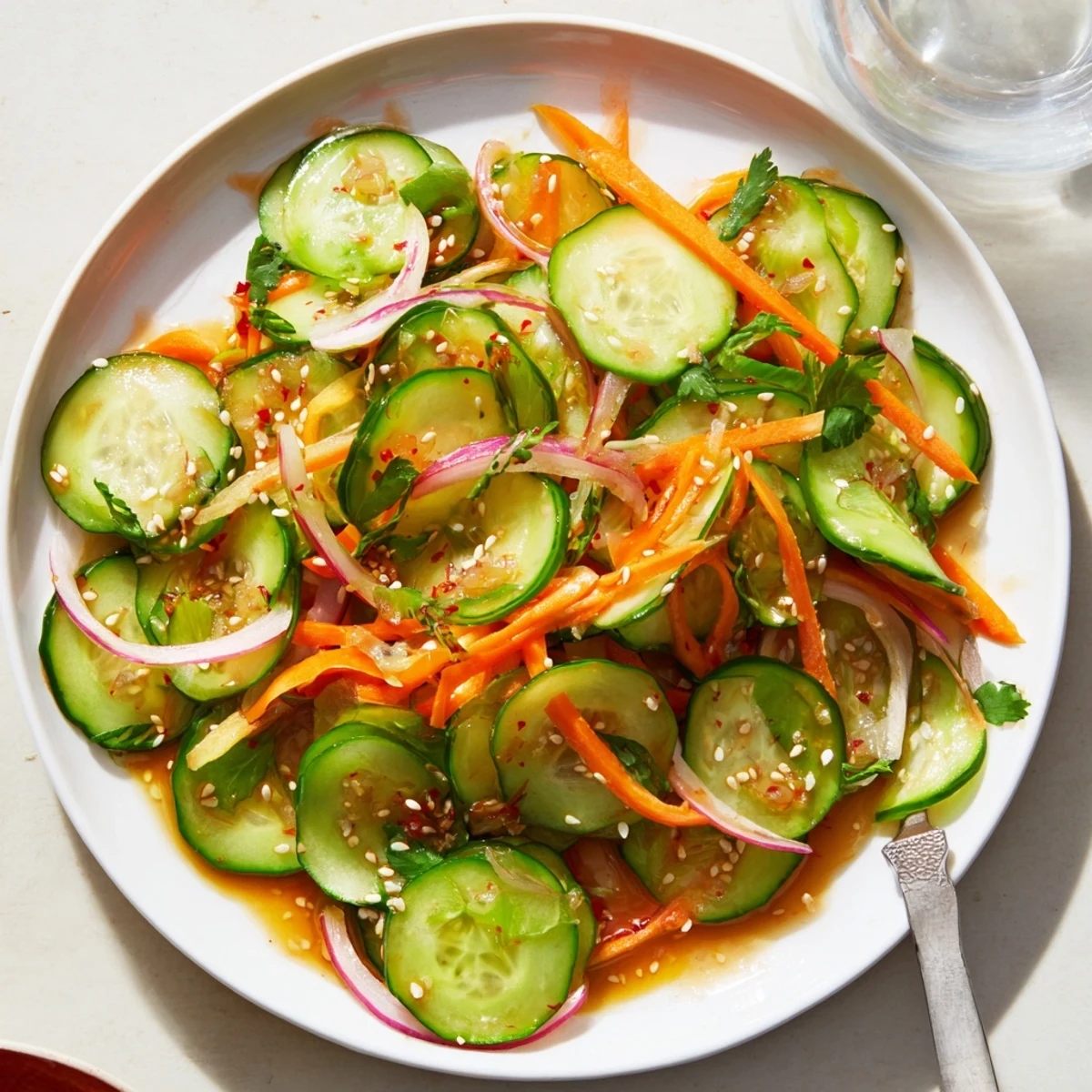 Colorful cucumber salad remix drizzled with tangy dressing, perfect as a light appetizer.