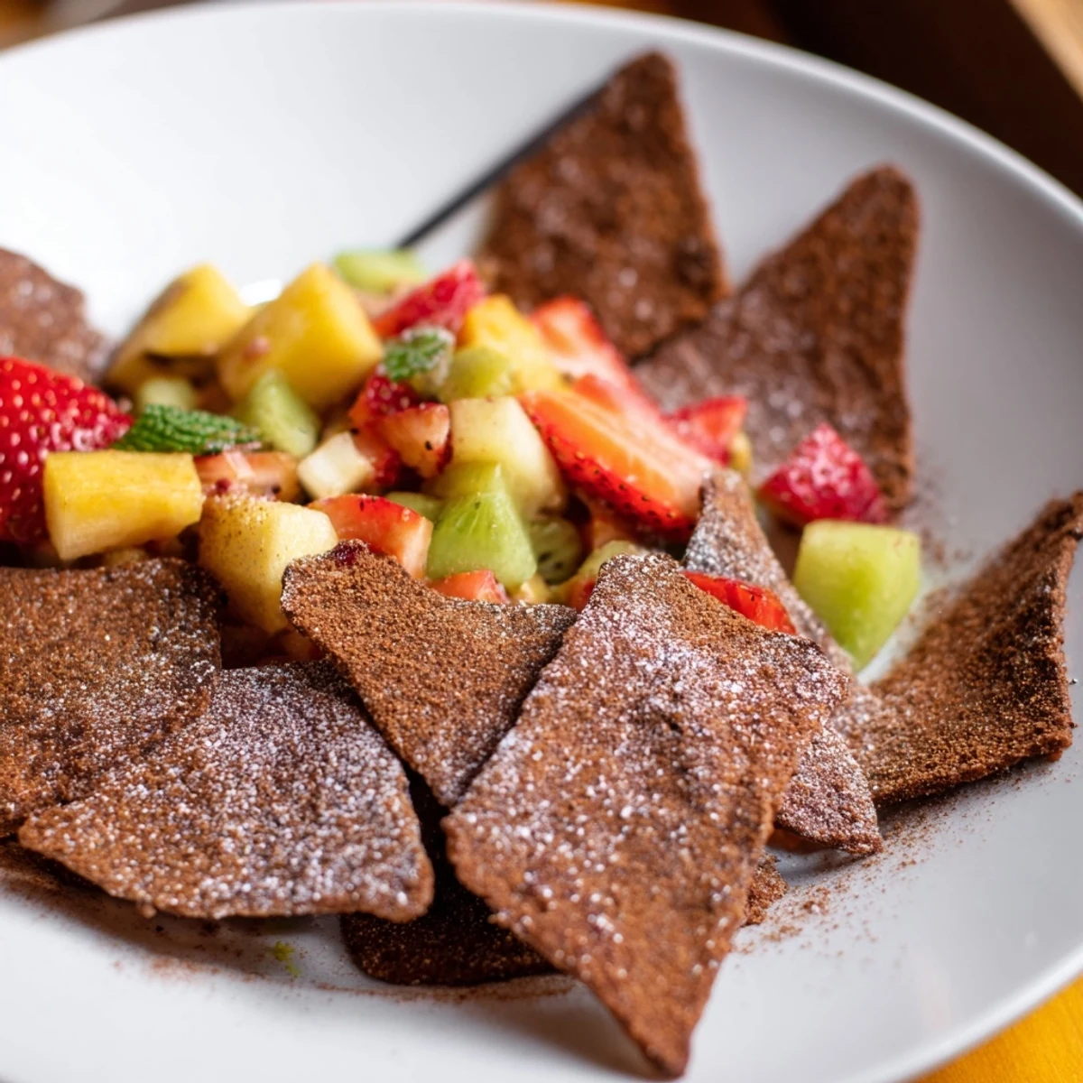 Homemade chocolate chips paired with bright fruit salsa for a fun dessert treat.