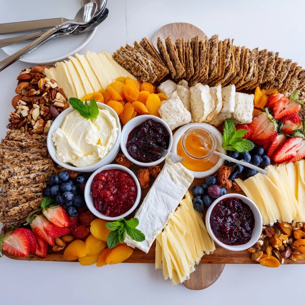 A colorful jam-infused brunch board featuring cheeses and fresh fruits.  