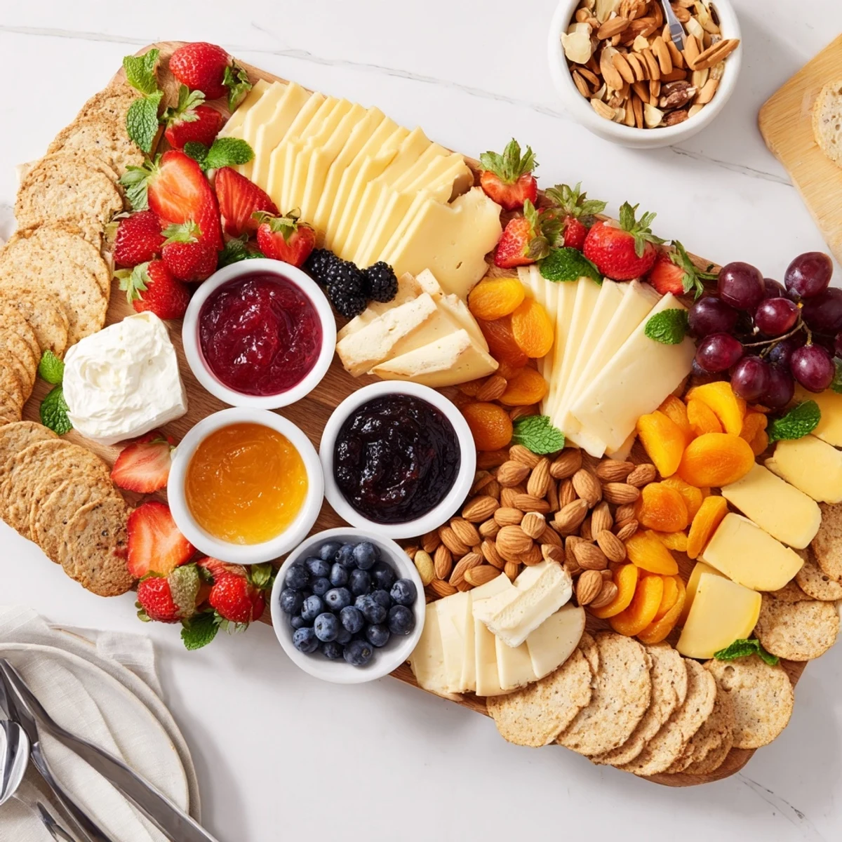 Elegant jam-infused brunch board with creamy cheese, fruits, and a mint garnish.