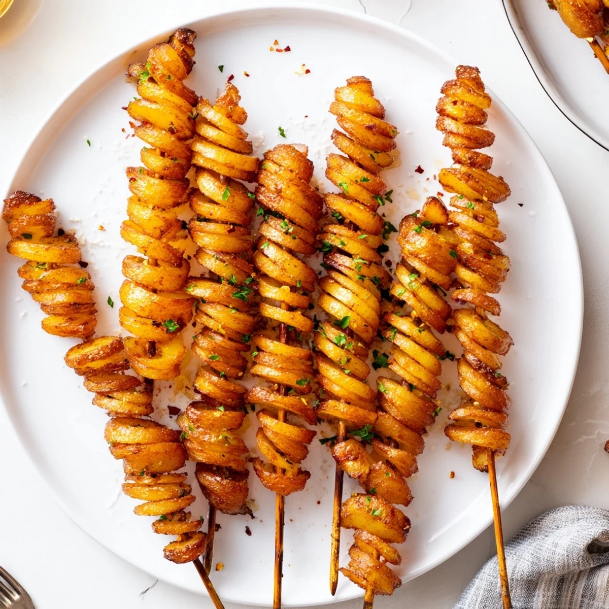 Golden spiral potatoes seasoned with garlic and paprika, ideal for a fun side dish.  