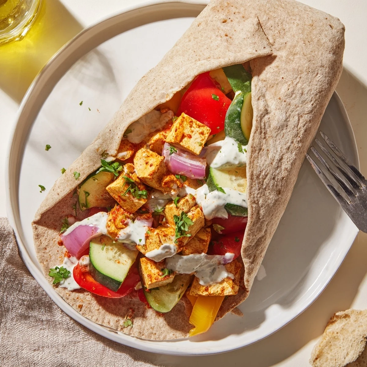 Wholesome vegan viral recipe wrapped in whole wheat, drizzled with creamy tahini sauce.