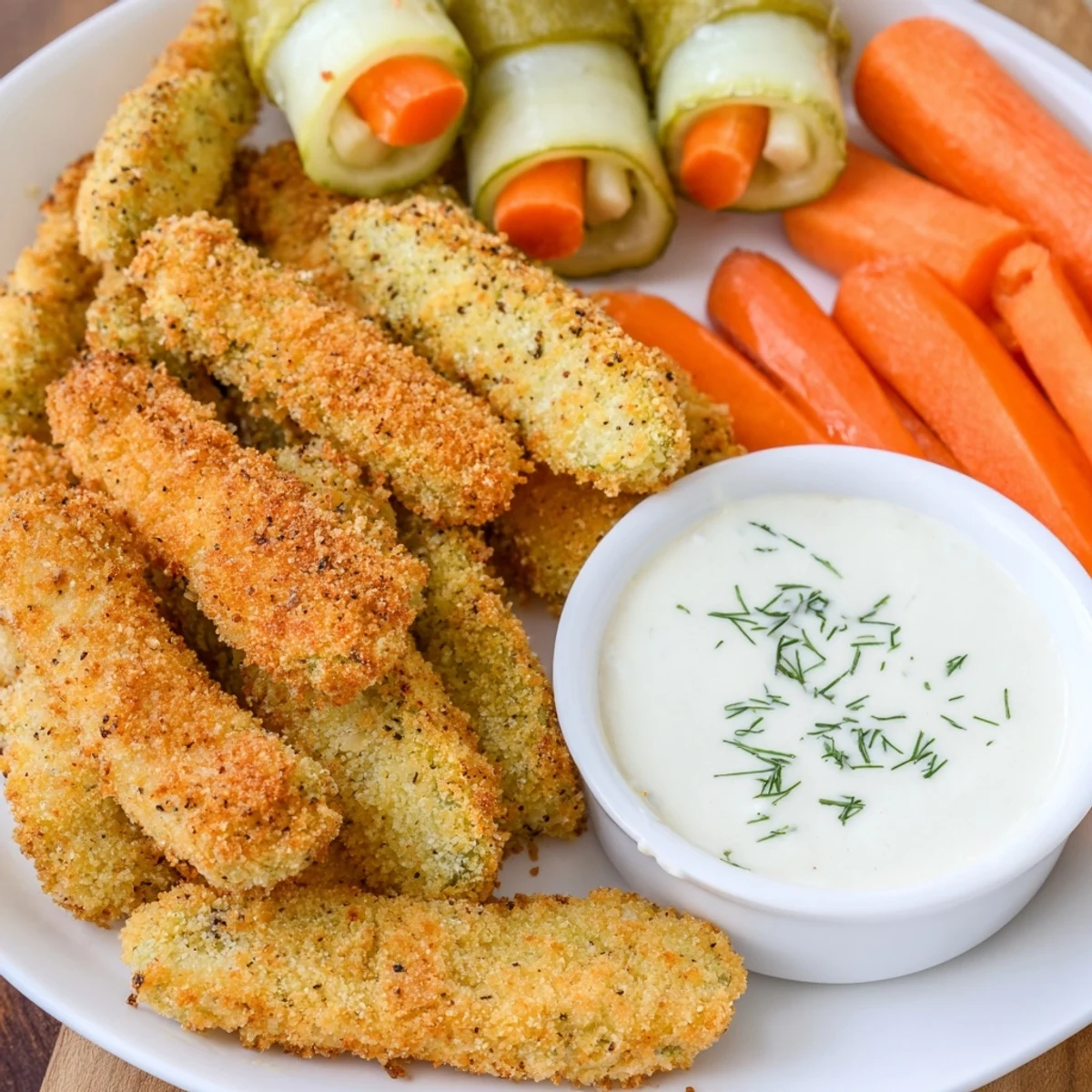 Crispy fried pickles served with a tangy ranch dipping sauce delightfully charm pickle lovers.  