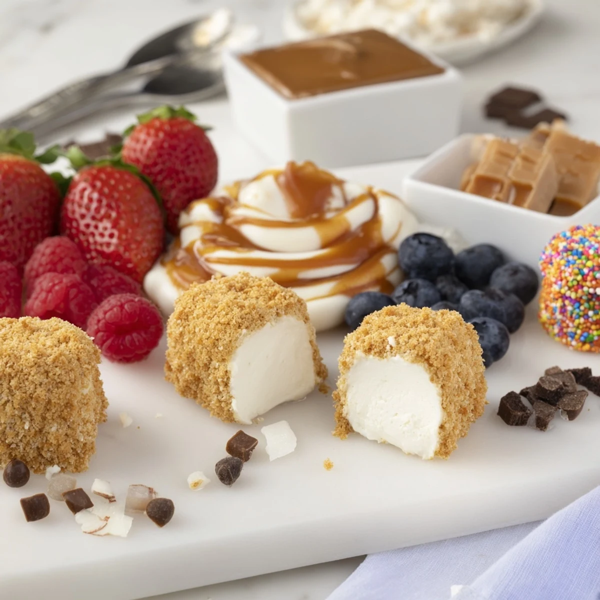 Deconstructed Dessert Board featuring creamy cheesecake bites and vibrant, fresh toppings.  