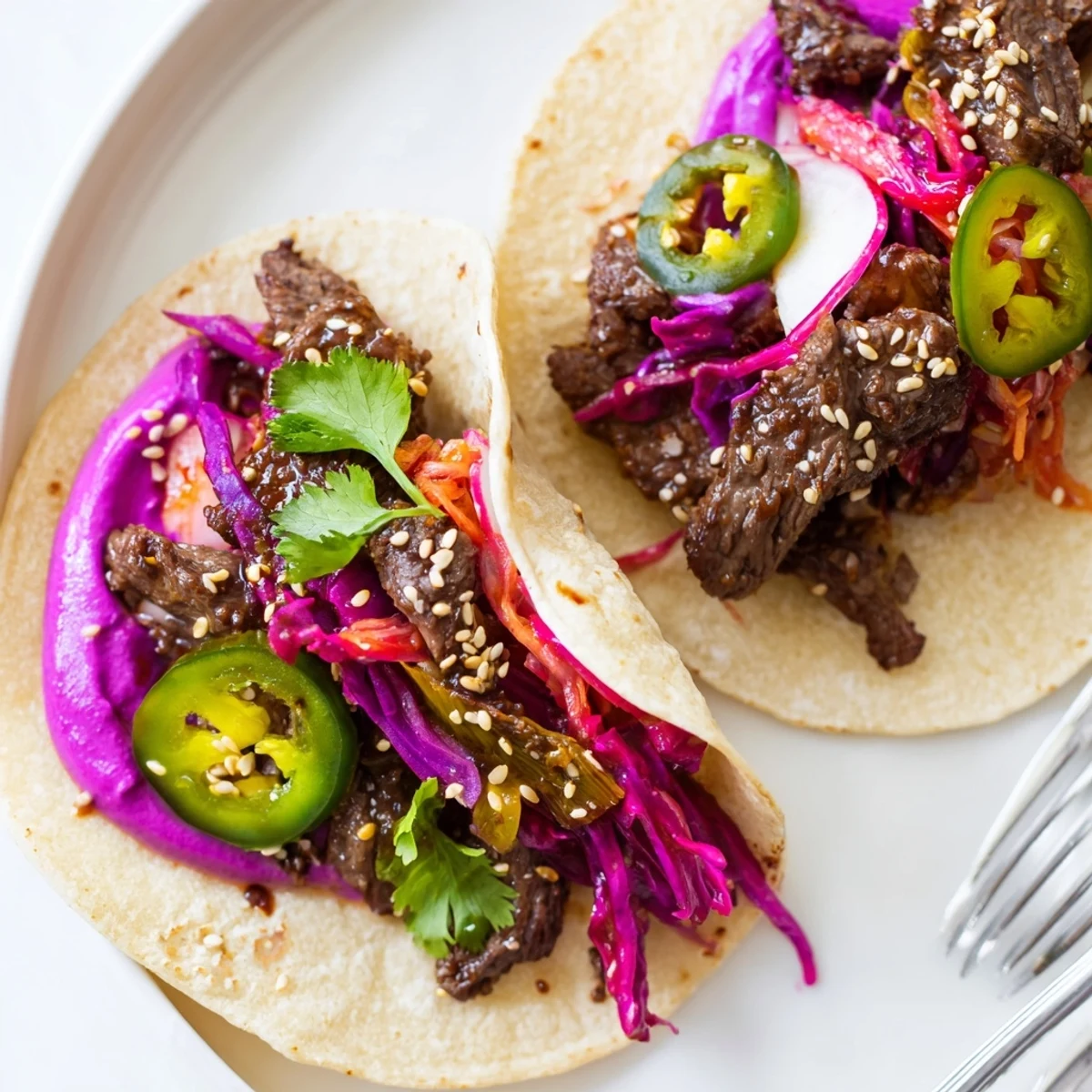 Vibrant Global Street-Food Fusion Tacos topped with colorful veggies and creamy ube crema.  