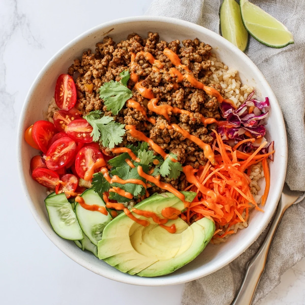 A hearty plant-based meat bowl featuring quinoa, fresh vegetables, and zesty sauce.