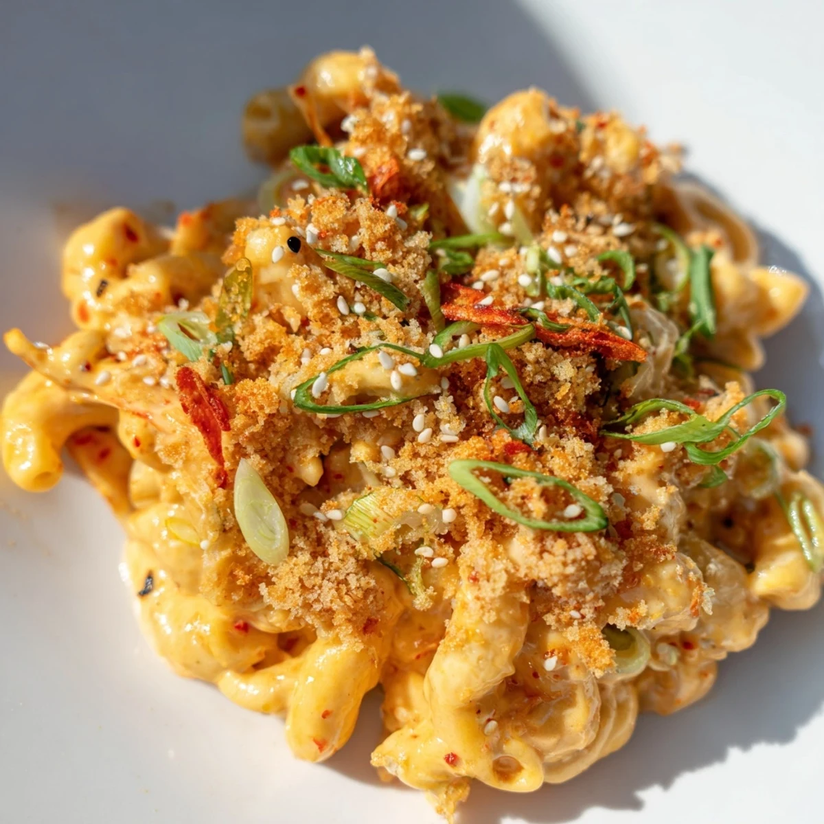 Creamy Spicy Kimchi Mac & Cheese with crunchy sesame topping, perfect for comfort food lovers.  